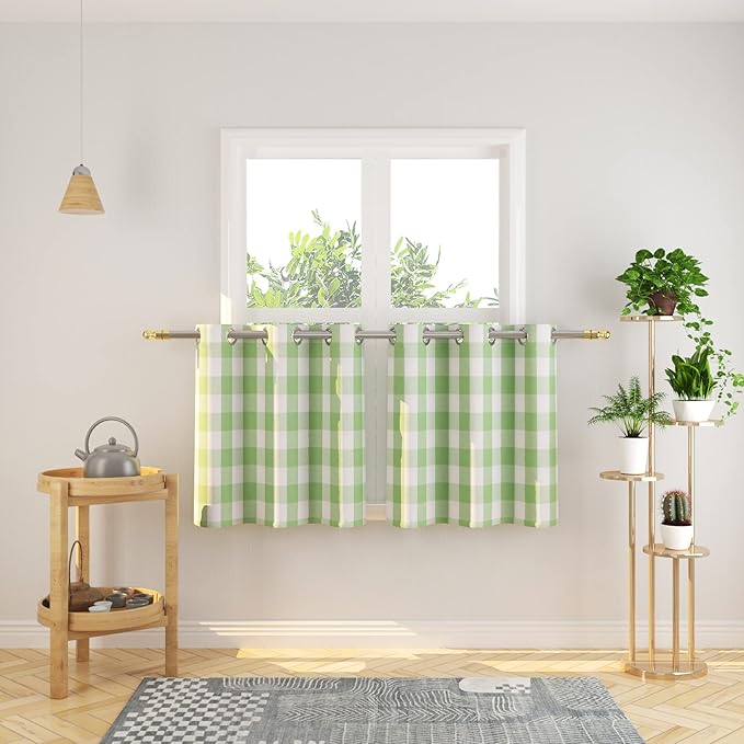 3 Pc Cotton Classic Country Farmhouse Kitchen Window Curtain Grommet Top -Mint Green & White Buffalo Check Tier & Valance Set, 54" x 18" / 32" x 24"