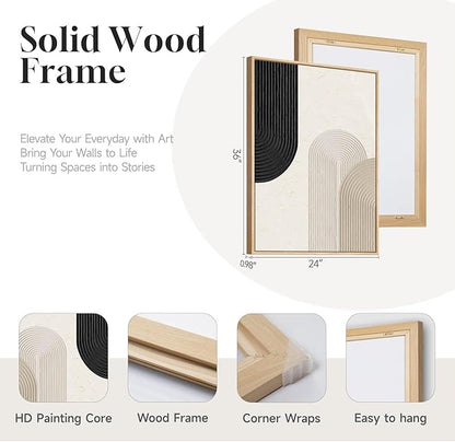 Large Framed Boho Neutral Abstract Wall Art for Living Room, 3 Piece Black and Beige Canvas Prints Artwork for Walls, Modern Minimalist Boho Geometric Wall Art Decor for Hallway Dining Room, 24x36 In