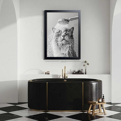 XYHYRA Cute Cat Bathroom Decor Funny Animal Bathroom Wall Art Cat Bathing Wall Decor Poster Painting Black and White Canvas Print Artwork Modern Farmhouse Restroom Home Decoration 16x24 Inch Wood Framed