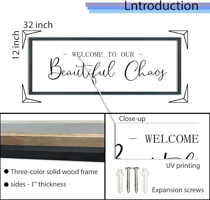 FZMHASLWW Welcome To Our Beautiful Chaos Sign Wall Decor 32"×12" Family Wooden Plaque for Living Room Entryway Hanging Wall Art (Black)
