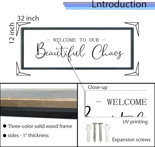 FZMHASLWW Welcome To Our Beautiful Chaos Sign Wall Decor 32"×12" Family Wooden Plaque for Living Room Entryway Hanging Wall Art (Black)