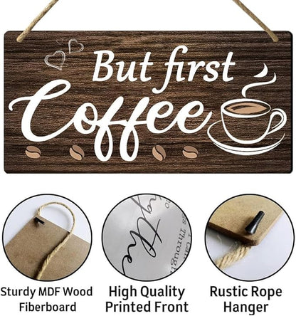 But First Coffee Sign - Wooden Coffee Bar Art, 6 x 12 Inch