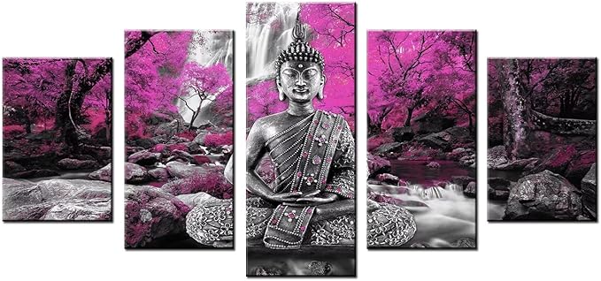 AWLXPHY Decor Buddha Waterfall Wall Art Canvas Painting Framed 5 Panels for Living Room Decoration Modern Landscape Buddha Water Trees Zen Stretched Artwork Giclee (Purple, 60''x30'')