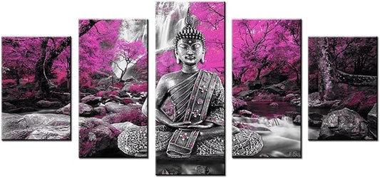 AWLXPHY Decor Buddha Waterfall Wall Art Canvas Painting Framed 5 Panels for Living Room Decoration Modern Landscape Buddha Water Trees Zen Stretched Artwork Giclee (Purple, 60''x30'')