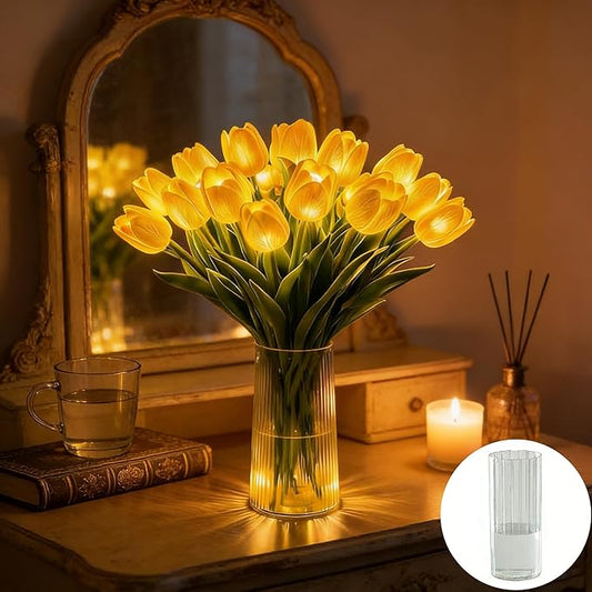 Radiant Romantic Tulip Light with a Vase, 15 PCS Twinkling Tree Tulips Led Night Light that Never Fade, Flower Shaped Ambient Night Lamp for Bedroom Bedside Decor & Gift (Yellow(with Vase))