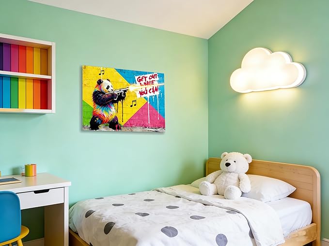 16x24 Inch Colorful Graffiti Panda with Gun Canvas Wall Art Painting- "Get Out While You Can" Street Art Print, Modern Pop Art Wall Decor Poster for Kids/Teen Boy/Child Bedroom Bathroom Living Room