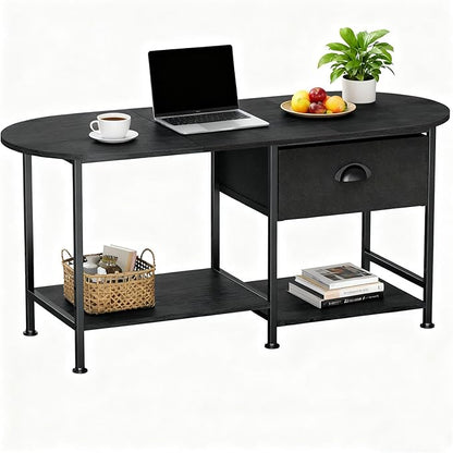 37" Oval Small Coffee Table with Storage,Modern Wood Living Room Center Table for Small Space,Apartment,Home Office,Drawer & Open Shelves,Easy Assembly,Black
