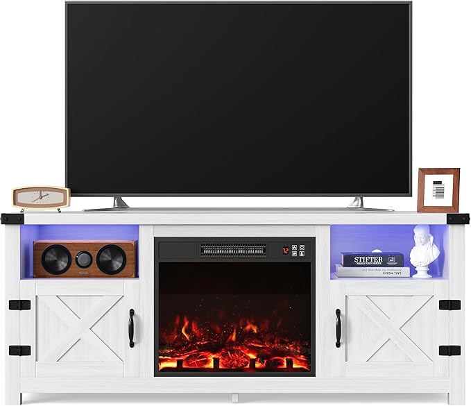 Furmax LED Entertainment Center with Fireplace, Fireplace TV Stand with Storage Cabinets and 2 Open Shelves, Modern Media TV Console for Living Room (White)