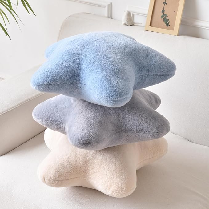 Star Pillow, Decorative Throw Pillows for Bed Couch, 15" Star Shaped Pillow Plush Floor Cushions Room Decor Pillow with Faux Rabbit Fur for Sofa Bedroom Living Room (Grey Blue, 19.6" x 19.6")