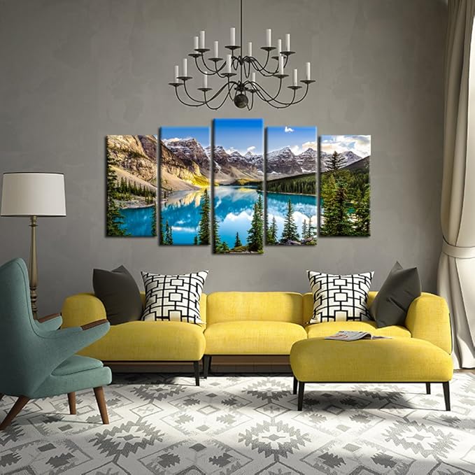 KREATIVE ARTS - 5 Pieces Canvas Prints Wall Art Canada Moraine Lake And Rocky Mountain Landscape Pictures Modern Canvas Painting Giclee Artwork For Home Decoration (Large Size 60x32inch)