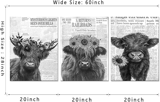 Newspaper Cow Canvas Wall Art Black and White Retro Highland Cow Picture for Bathroom Wall Decor Funny Floral Animal Print Artwork for Country House Living Room Bedroom Decoration 20x28inchx3pcs