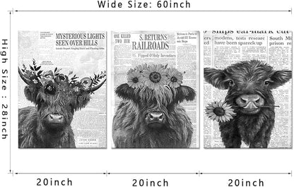 Newspaper Cow Canvas Wall Art Black and White Retro Highland Cow Picture for Bathroom Wall Decor Funny Floral Animal Print Artwork for Country House Living Room Bedroom Decoration 20x28inchx3pcs