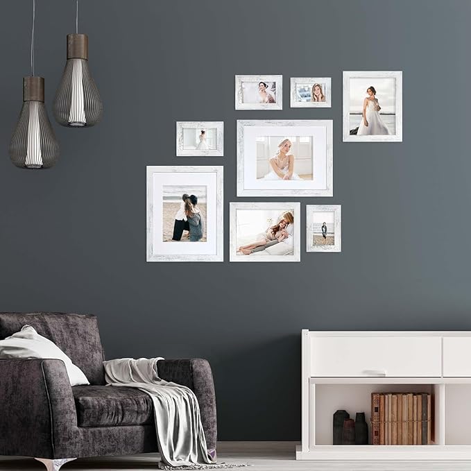 iRahmen 8x12 Picture Frame Set of 2, Distressed White Wood Photo Frame with HD Glass - Display Pictures 6x8 with Mat or 8 x 12 without Mat for Horizontal or Vertical Tabletop and Wall Mounting