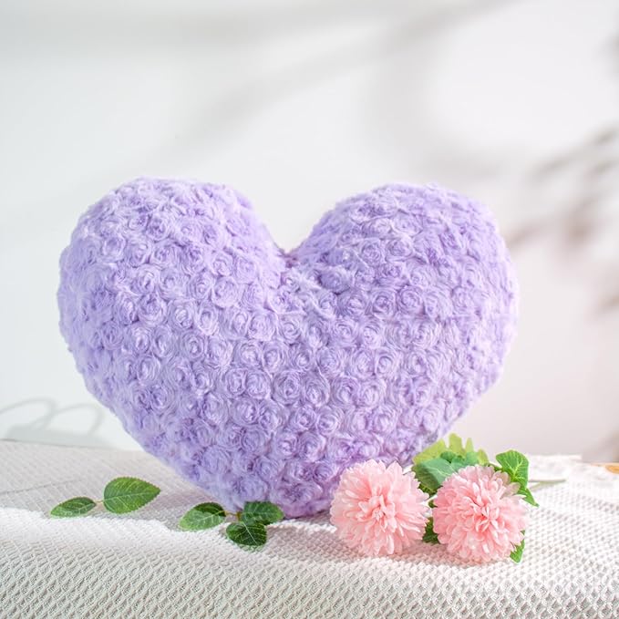 16" Lavender Heart Pillow, Luxury 600GSM Rose Textured Faux Rabbit Fur, Dreamy Lilac Aesthetic Throw Pillow for Bedroom, Soft Matte Purple Heart Cushion for Couch Bed Decor