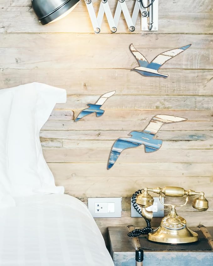 Putuo Decor 3pcs Wood Nautical Decor Seagull Wall Decor Nautical Coastal Theme Wall Art Adhesive Seagull Wall Sculpture Sea Birds Lake House Ocean Decoration Vintage Ornaments For Home Bathroom