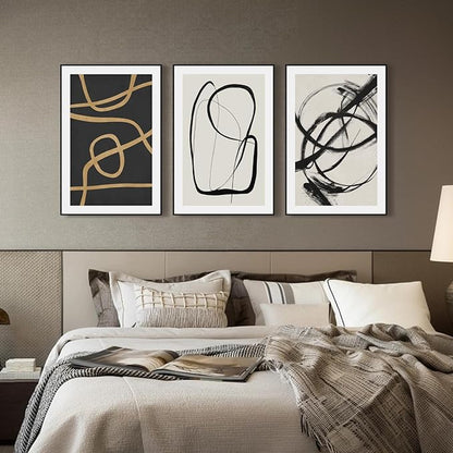 SAFERRYHOME Abstract Graffiti Framed Black and White Black and Gold Wall Art Canvas Prints, Modern Sketches Street Art Decor for Living Room, Home Office, Dining Room, Loft - 3 Pieces 24x36 Inch