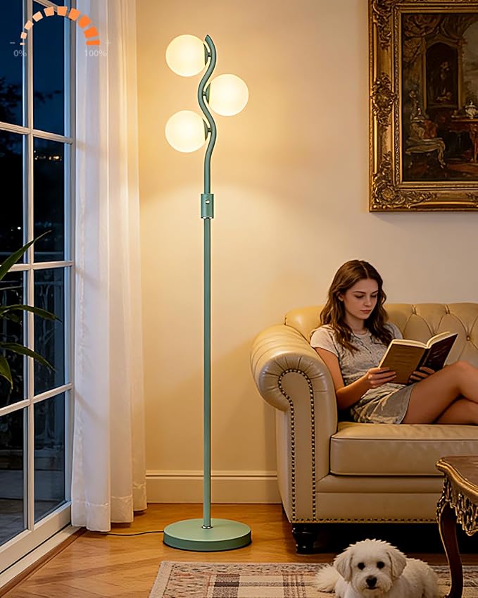 Lightdot 60IN Green Floor Lamp Stepless Dimmable Globe Floor Lamps with 3Pcs 3000K Bulbs Eye-Friendly Mid Century Standing Lamps with 5Lbs Heavy Base for Living Room/Bedroom/Corner