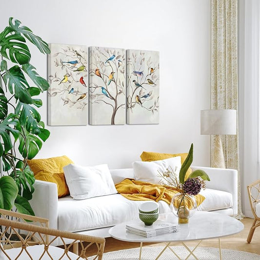 KREATIVE ARTS Large 3 Panel Canvas Prints Wall Art Birds on The Tree Branches Contemporary Painting Retro Style Picture Arts for Home Decoration Stretched Gallery Canvas Wrap Each 16x32Inches