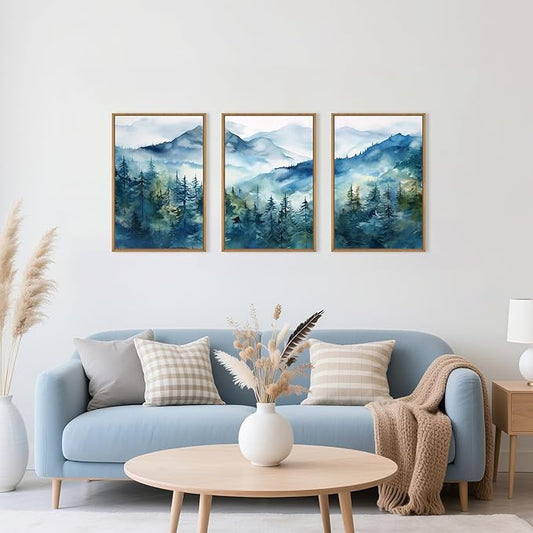 Blue Ridge Mountains Forest Framed Canvas Wall Art Set, Natural Landscape Wall Decor, Green Pine Trees Wall Painting, Woodland Artworks for Living Room, Bedroom, Dining Room-24"x36"x3