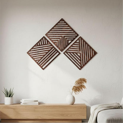Yerliker 16×16 Inch Boho Wooden Wall Sculptures Geometric Abstract Wood Wall Art Decor Set of 3 Slatted Wood Design for Living Room Bedroom Office Rustic Home Decoration