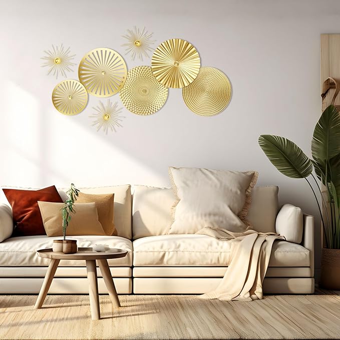 8 Pcs Gold Wall Decor Modern Metal Decor Metal Starbursts Radial Plate Art Hanging Decorative Wall Decorations for Home Bedroom Bathroom Living Room Office Sculpture(Gold)