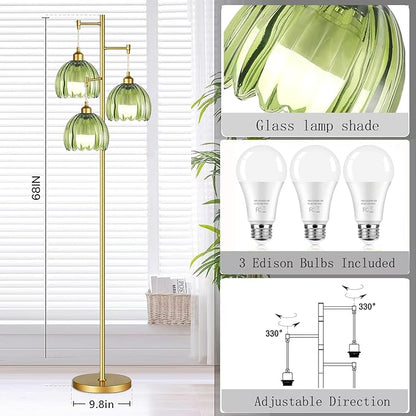 AHDWDW Gold Floor Lamp for Living Room Bedroom,Modern Tree Floor Lamps with Green Glass Shades,68IN Tall Standing Lamp with Bulbs,3 Lights Mid Century Vintage Floor Lamp for Corner Office Reading