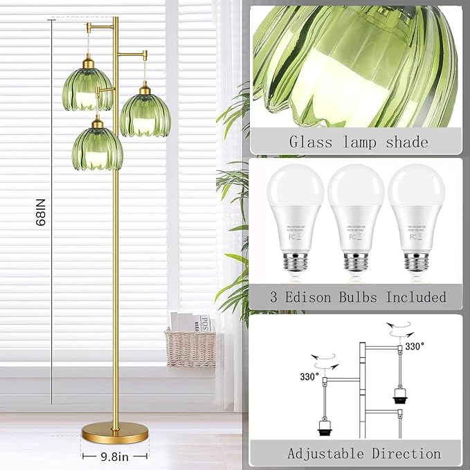 ZECOXOL Gold Floor Lamps for Living Room Bedroom-3 Light Glass Floor Lamp with Three Led Bulb, Rustic Tall Floor Lamp Gold Standing Lamp Tree Floor Lamps for Living Room Bedroom,Office,Corner