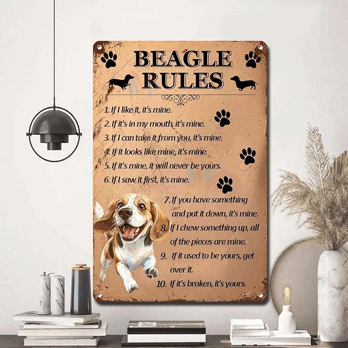 Metal Sign Tin Sign Vintage Wall Art Beagle Rules Gardening Decor Gift for Restaurant 6×8 Inches
