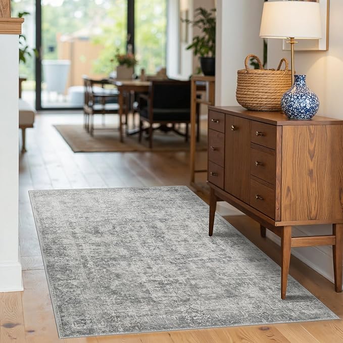 Rugxara 3x5 Rug for Entryway Bedroom, Grey 3x5 Washable Area Rug, Vintage Retro Boho Throw Rug, Non Slip & Low Pile Small Carpet for Indoor Entry, Kitchen, Bedside, Living Room, Bathroom and Dining