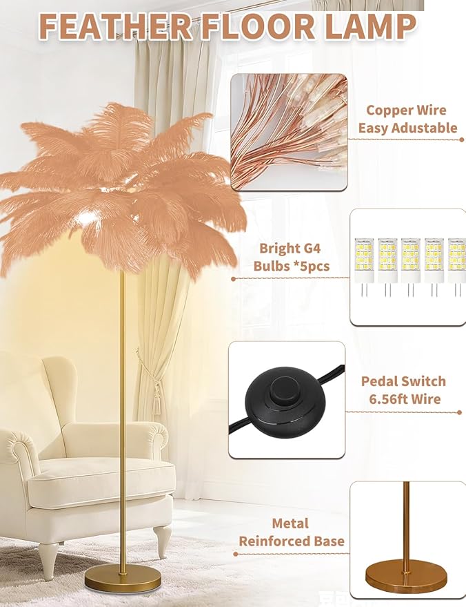 Feather Floor Lamp,Fluffy Ostrich Feather Floor Lamp for Bedroom,3 Color Temperatures Led Corner Modern Floor Lamps for Living Room Christmas Home Decor House Warming Gifts,63″ Height (Champagne)