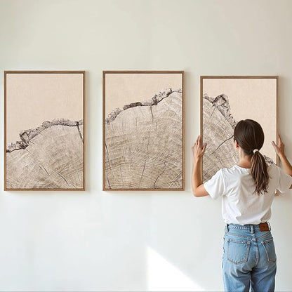 SIGNINART Large Tree Ring Framed Canvas Wall Art Set, Rustic Beige Nature Wooden Wall Decor, Neutral Wood Stump Artwork, Modern Art Prints for Bedroom Living Room Office 24"x36"x3
