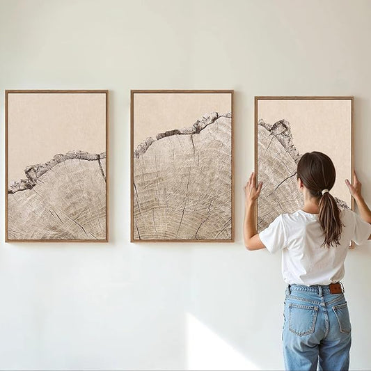SIGNINART Large Tree Ring Framed Canvas Wall Art Set, Rustic Beige Nature Wooden Wall Decor, Neutral Wood Stump Artwork, Modern Art Prints for Bedroom Living Room Office 16"x24"x3