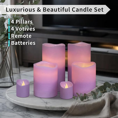 FURORA LIGHTING Purple Flameless Candles - Real Wax, Adjustable Brightness, Remote & Timer - 4 Pillars (3x4, 3x6) and 4 Votives, 8-Pack, Battery Operated