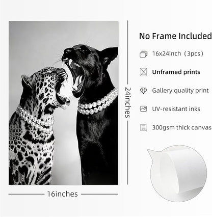 3Pcs Fashion Leopard Print Canvas Wall Paintings Funny Woman Drinking In Bathtub Paintings Print Black And White Photography Beautiful Chic Woman Preppy Postesr For Bedroom Hallway 12×16 Inch Unframed