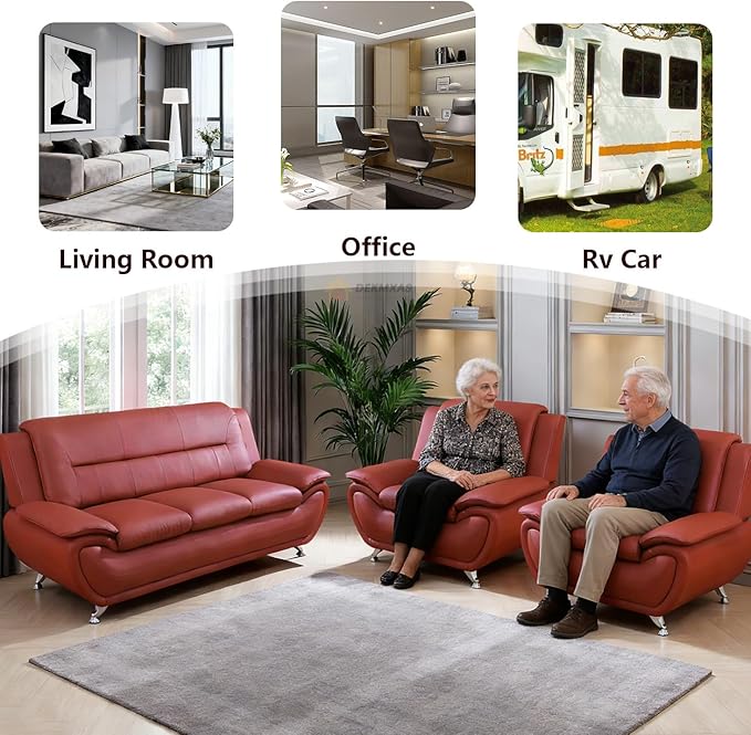 3PCS Red Faux Leather Sofa and 2 Chairs for Living Room, Living Room Furniture Sets, Sofa Couches for Office, Bedroom, Apartment