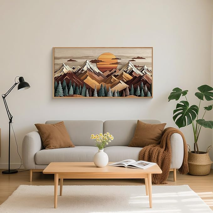 KAIRNE Woodcut Style Mountain Framed Canvas Wall Art Set,Wooden Pine Tree Wall Decor,Vintage Forest Landscape Art Prints,Nature Sunrise Artwork for Living Room,Bedroom,Farmhouse,Office-40 x20 x1
