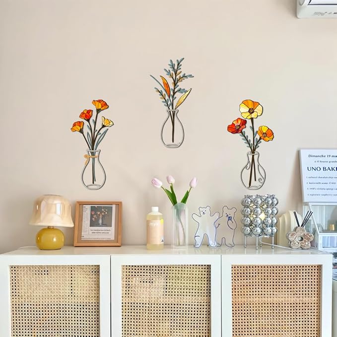 Tumwisk 3 Pieces Metal Flowers Wall Arts - Minimalist Orange Flower Wall Decor for Rustic Farmhouse Kitchen Bedroom Living Room Vintage Decorative Floral Art Housewarming Gifts