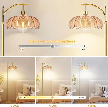 Arc Floor Lamp with 3 Color Temperatures,Gold Floor Lamp with Remote & 3 Color Temperature,Mid Century Modern Standing Lamp with Glass Lampshades,Vintage Tall Floor Lamps for Living Room Bedroom