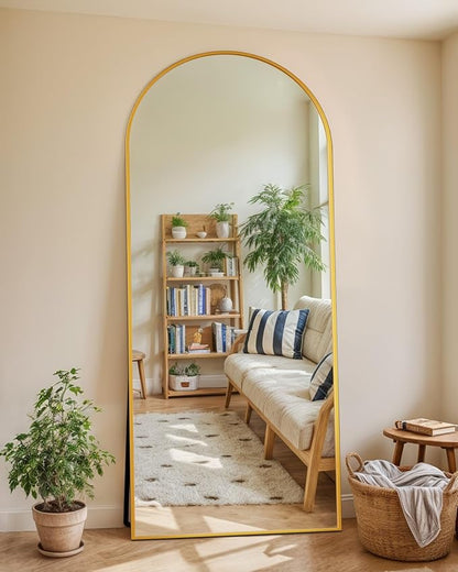 Full Length Mirror with Stand, 71"x26" Arched Full Body Mirror, Large Stand Up Mirrors, Aluminum Frame Floor Standing Mirrors, Freestanding Hanging Leaning Mounted for Bedroom Living Room, Gold