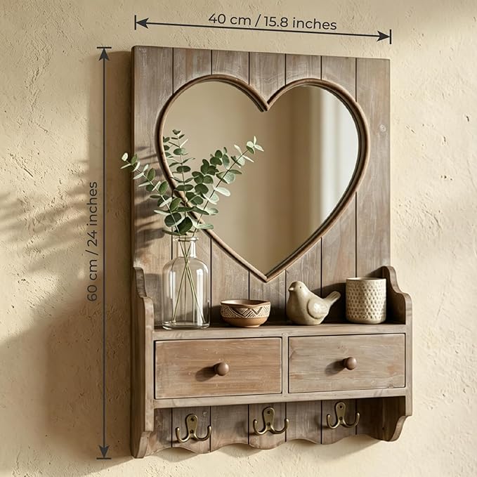 Rustic Farmhouse Wooden Entryway Mirror with Shelf and Hooks, 16"x24" Heart Shape Wood Frame Wall Mirror with Storage Drawer (Distress Brown)