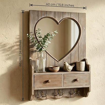 Rustic Farmhouse Wooden Entryway Mirror with Shelf and Hooks, 16"x24" Heart Shape Wood Frame Wall Mirror with Storage Drawer (Distress Brown)