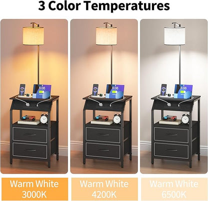 End Table with Floor Lamp, Nightstand with Charging Station, Floor Lamp Table with 3-Color Temperature Bulb, Bedside Table Night Stand with 2 Drawers for Bedroom, Living Room, Black