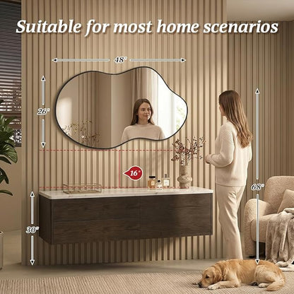 Irregular Asymmetrical Wall Mirror 26x48 Inches - Decorative Tempered Glass with Modern Aluminum Alloy Frame, Black Abstract Cloud Mirror for Bathroom, Bedroom, Living Room, Entryway, Cloakroom