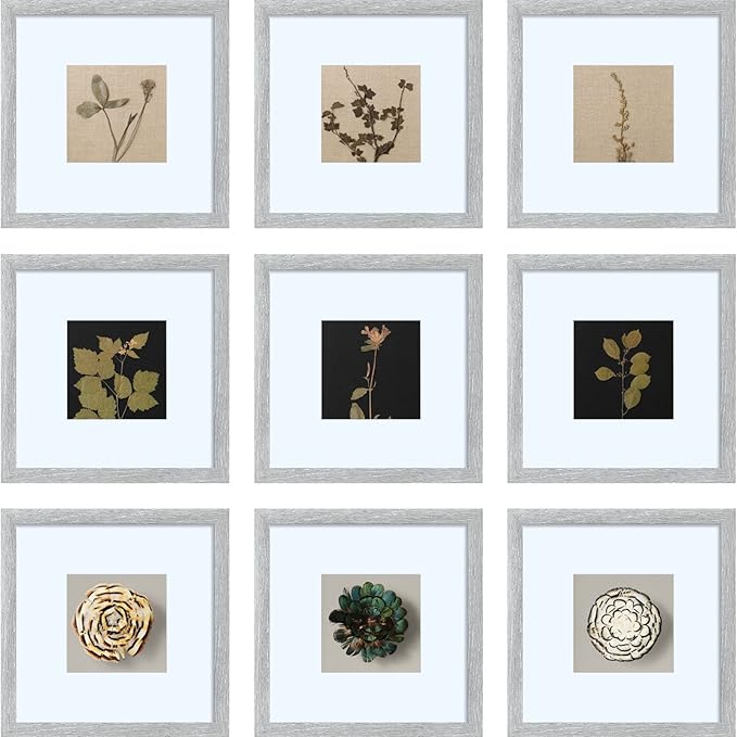 HEART ART 8x8 Picture Frame Set of 9, Display Pictures 4x4 with Mat or 8 x 8 without Mat, Multi Collage Gallery Square Photo Frames for Wall,Gray