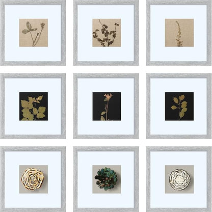 HEART ART 8x8 Picture Frame Set of 9, Display Pictures 4x4 with Mat or 8 x 8 without Mat, Multi Collage Gallery Square Photo Frames for Wall,Gray