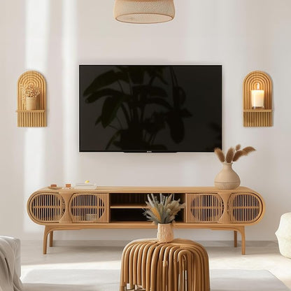 Boho Wall Decor Set of Two - Natural Modern Minimalist Mid Century Wall Candle Holder for Living Room - Wood Bohemian Decor for Bathroom Nursery Bedroom