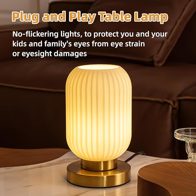 Bedside Table Lamp with Glass Shade, Small Nightlight Lamp Elegant Milky White Glass Nightstand Lamp Modern Desk Lamp with Plug-in Style for Bedroom Living Room Tabletop Dia5.9 x H9.8