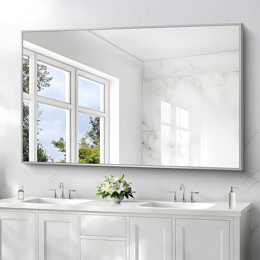 COFENY 36x55inch Bathroom Mirror, Silver Rectangle Mirror with Thin Metal Frame, Large Rectangular Wall Mirrors for Bathroom, Living Room, Hair Salon, Big Mirror Hang Horizontal/Vertical