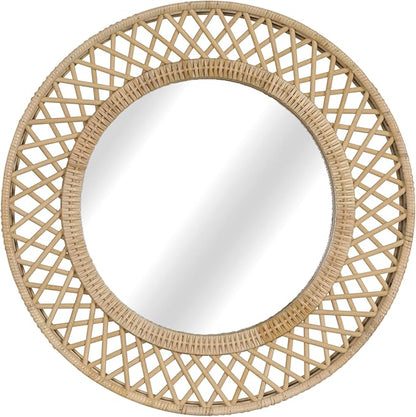 Round Rattan Wall Mirror – 24x24 Inch Boho Elegance with Woven Frame, Decorative Mirror for Bathroom Vanity Entryway Living Room