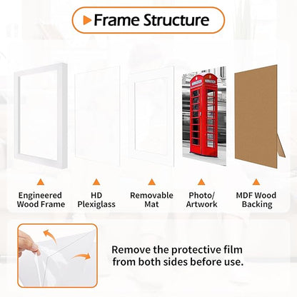 5x7 Picture Frame Set of 8, White Photo Frames for Gallery Wall Mounting or Table Display, Display Pictures 4x6 with Mat or 5x7 Without, Poster Frames with Plexiglass for Home Office Decor